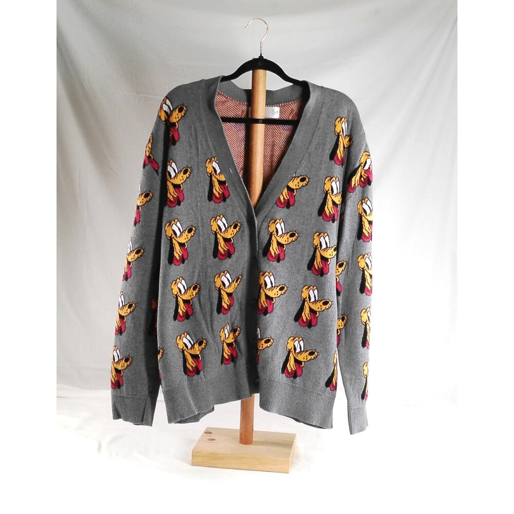 Disney Pluto All Over Print Cardigan Sweater Gray Button Front XXL 5L Unisex